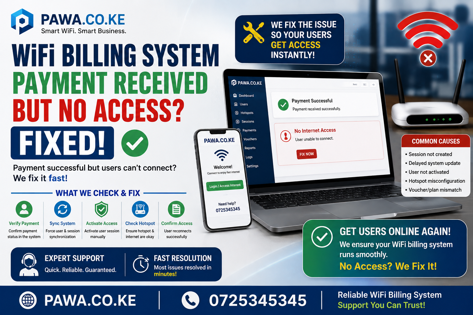 WiFi billing system payment received but no access fix