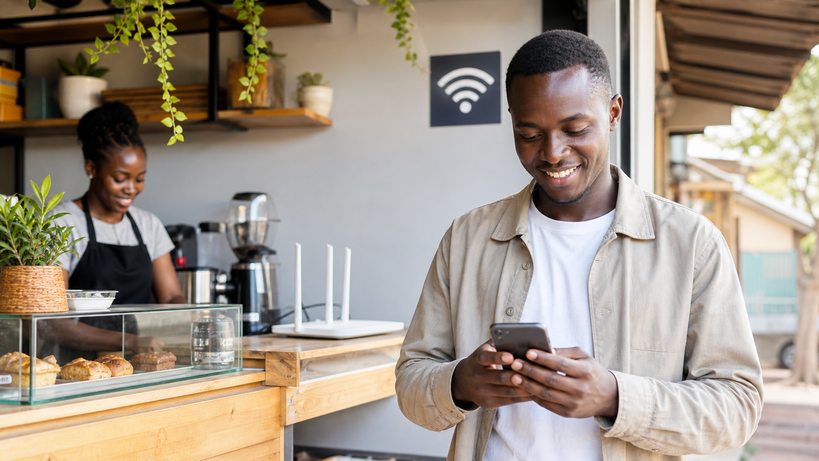 Customer buying WiFi on a phone at a small business counter
