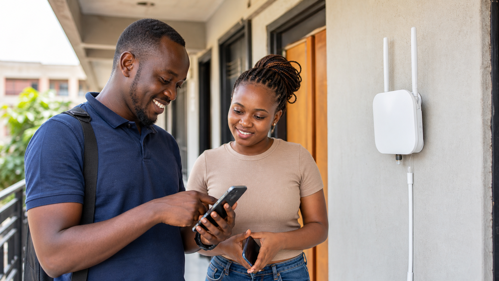 WiFi technician checking an access point while a customer confirms payment