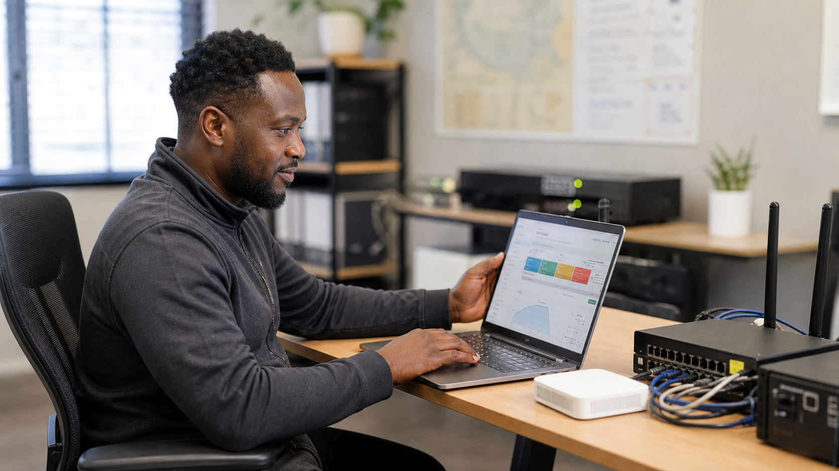 WiFi operator reviewing business activity beside router equipment