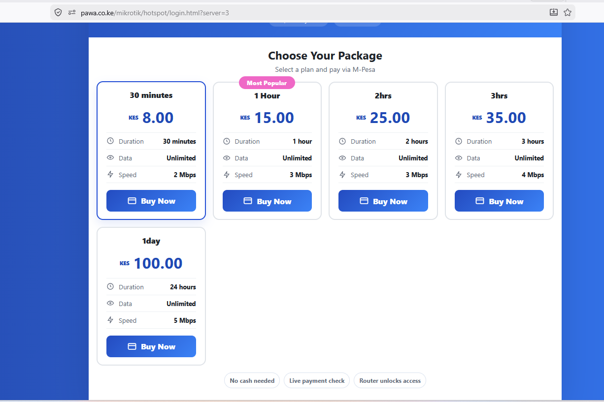 Pawa captive portal package selection screen