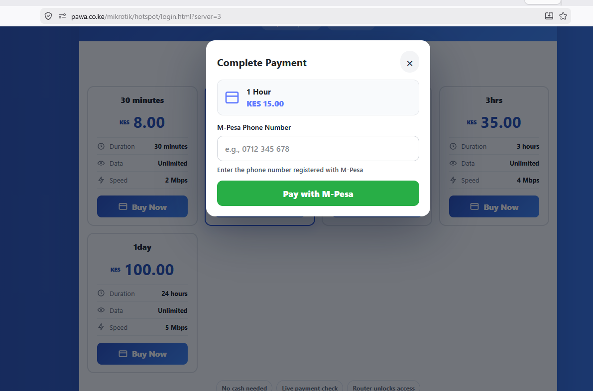 Pawa M-Pesa payment modal for hotspot package purchase